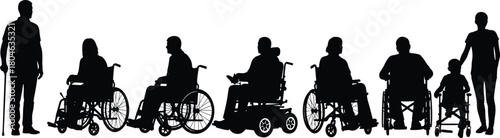 Set of disabled people silhouettes using wheelchairs and canes, mobility and accessibility concept, cad drawing flat vector illustration, isolated collection