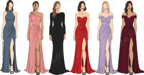 Set of elegant evening gown fashion illustrations, women in colorful formal long dresses with high slits, cad drawing flat vector illustration