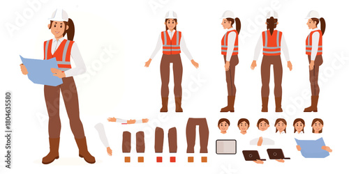 Constructor kit for a female engineer character with different poses, emotions, and body parts for animation