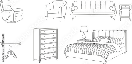 Set of furniture outline sketches, bedroom and living room interior elements, cad drawing flat vector illustration, isolated black line art