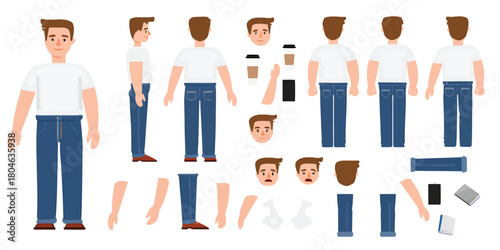Versatile Cartoon Male Character Creator Vector Illustration Set with Poses, Expressions, and Modular Body Parts for Animation Design