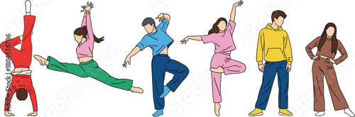 Set of young people dancing and posing in casual streetwear, colorful active characters, cad drawing flat vector illustration, isolated collection