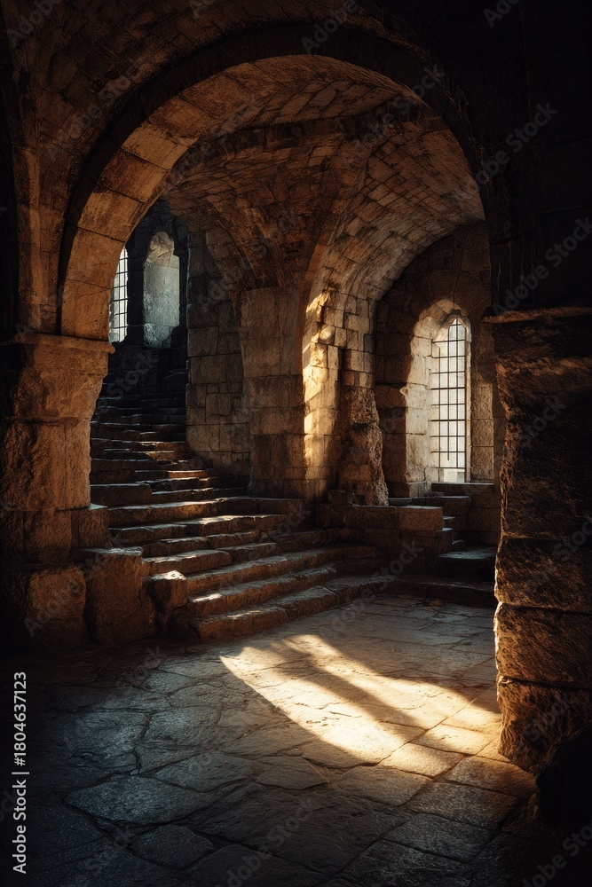 Obraz premium Ancient stone archway and staircase interior illuminated by sunlight