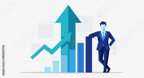 Professional businessman in a suit leaning on an ascending bar chart with an upward arrow, symbolizing successful financial growth, market progress, and strategic corporate development