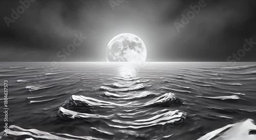 Waves crash under a full moon, creating a dramatic and powerful scene at night