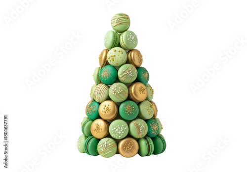 Elegant Green and Gold Macaron Christmas Tree Tower - Festive Holiday Dessert on White Background