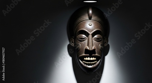 A dark tribal mask possibly wood or metal is spotlit against a dark background its teeth bared in a grin