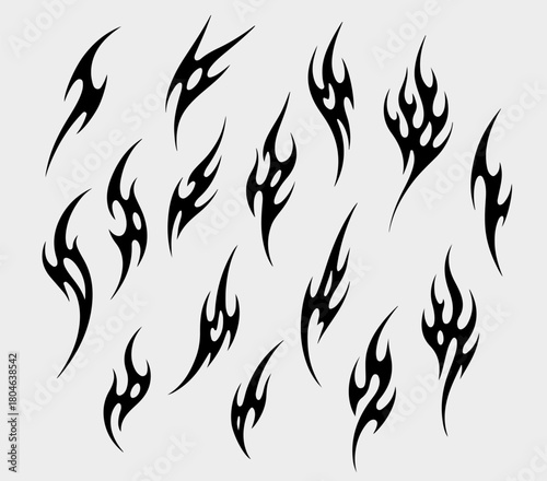  Set pack Tribal Sigilism Flame Tattoo Symbol with Y2K Edgy Aesthetic, Abstract Burning Fire Silhouette, High Contrast Sharp Line Ornament for Fashion Graphic, Sticker Print and Digital Art Asset