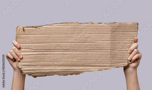 Close up hand holding an empty cardboard sign. Hand raised up and holding a blank piece of cardboard for writing against. Protest or warning. The blank space, can be used to add text or a symbol