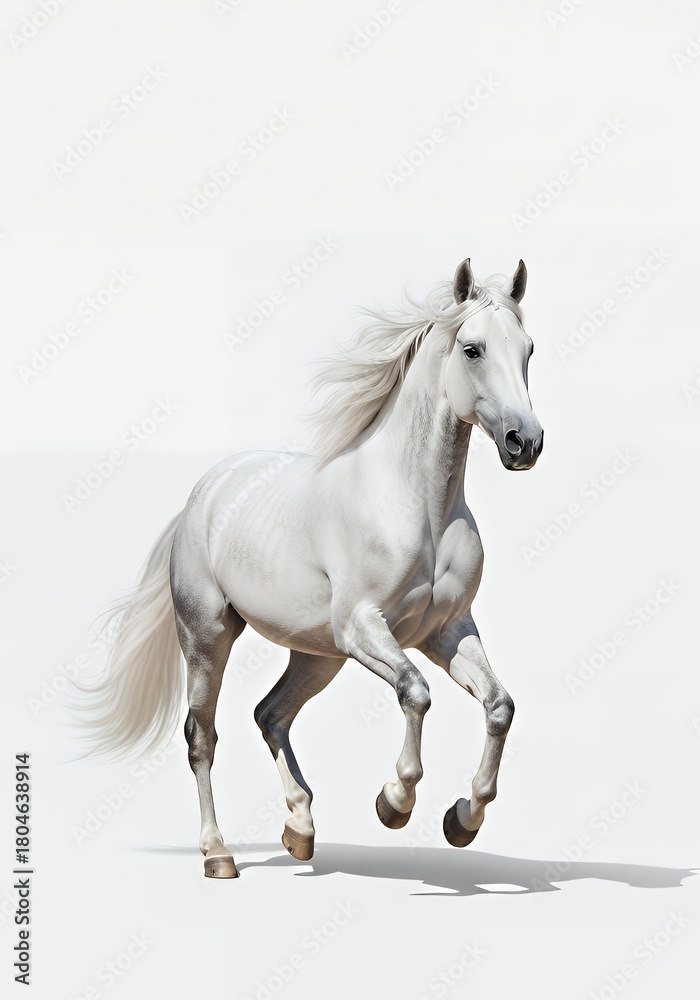 Obraz premium Elegant white Arabian horse gallops gracefully across a pristine background, conveying freedom and power, perfect for equestrian lifestyle or branding.