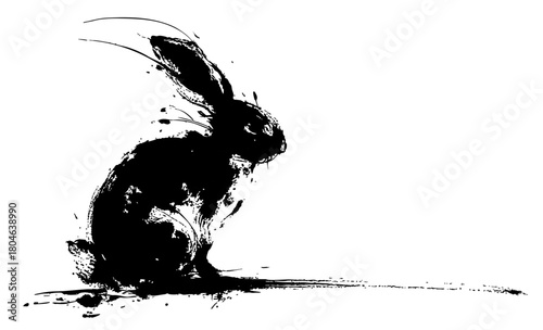 Asian brush painted rabbit illustration with dynamic ink strokes inspired by traditional Chinese art