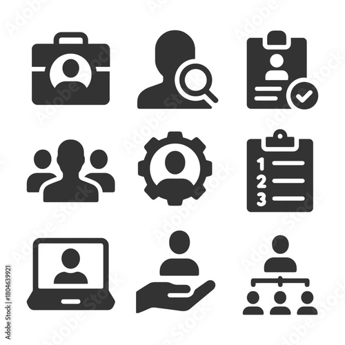 Icons representing hiring, team management, and employee profiles in simple black style.