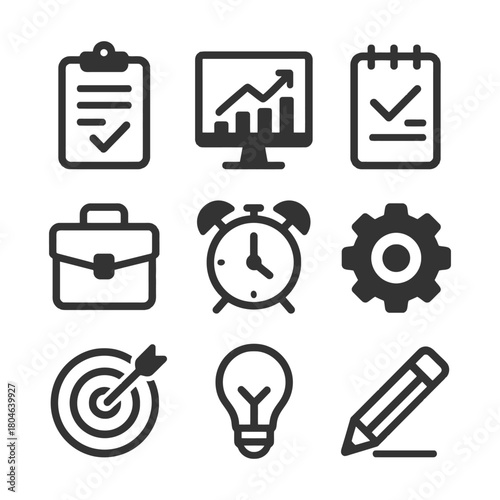 Business and productivity icons: clipboard, monitor, calendar, briefcase, alarm, gear, target, lightbulb, pencil.