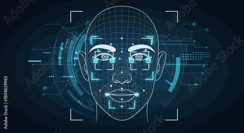 Advanced biometric facial scanning system with a digital wireframe and HUD interface for secure identity verification
