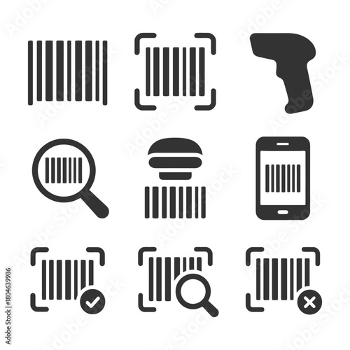 Barcode icons set including scanner smartphone and magnifying glass symbols.