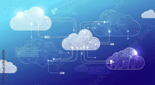Digital cloud computing network concept with interconnected data storage and transfer technology on a blue background