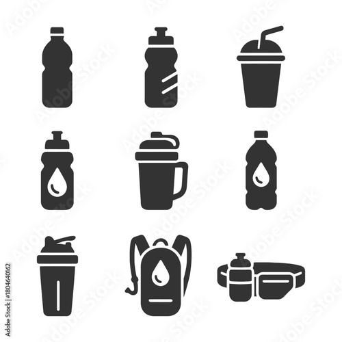 Collection of various beverage containers and hydration gear silhouettes.