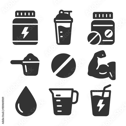 Fitness and nutrition icons: supplements, protein, hydration, energy drink, measuring cup, muscular arm.