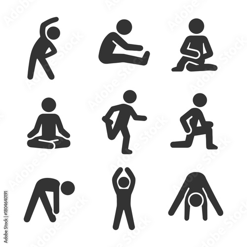 Collection of stick figure exercise and stretching poses in various positions.