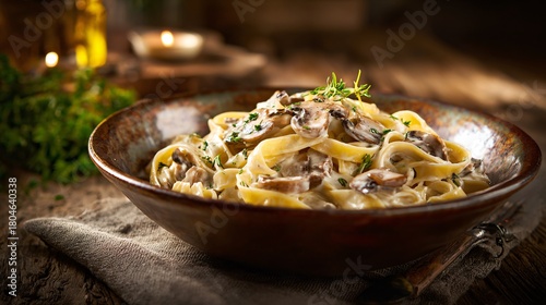 A steaming bowl of tagliatelle with mushroom cream sauce on a rustic wooden table, soft candlelight, linen napkin beside
