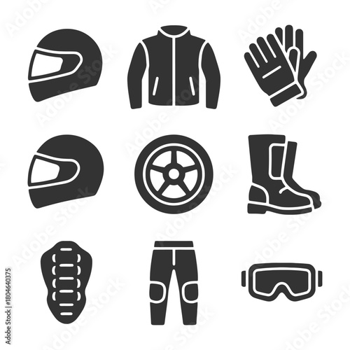 Motorcycle gear icons: helmet, jacket, gloves, boots, goggles, tire, armor, pants.
