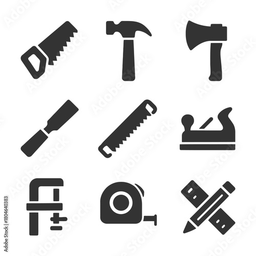 Set of nine tool icons: hammer, saw, axe, chisel, tape measure, clamp, plane, tools.