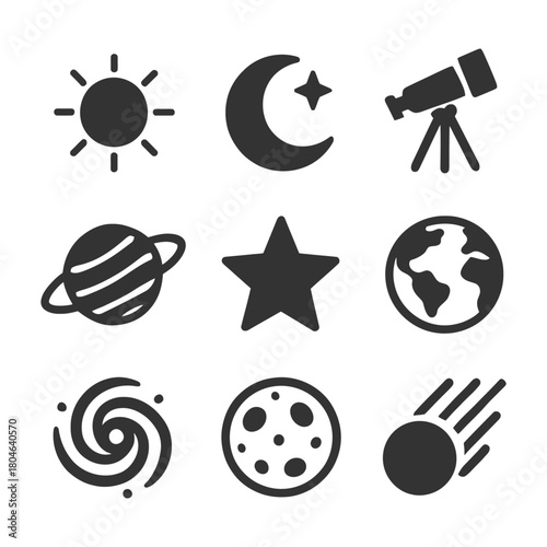 Space icons collection with sun, moon, telescope, planet, star, earth, galaxy, moon, comet.