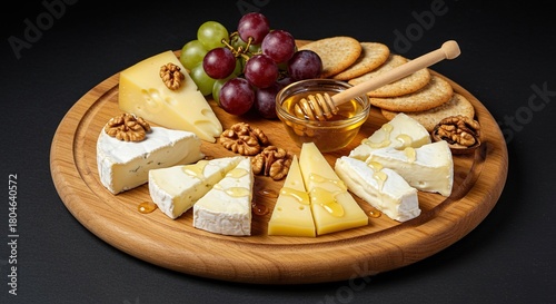 Luxurious wooden platter featuring assorted dairy cheeses, fresh grapes, crunchy walnuts, drizzled honey, and crisp crackers for a gourmet appetizer ,delicious ,arrangement ,nuts
