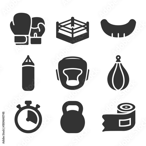 Boxing equipment icons: gloves, ring, mouthguard, punching bag, headgear, speed bag, timer, kettlebell, hand wrap.