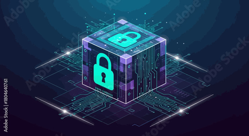 Secure data cube with padlock and circuit board illustration