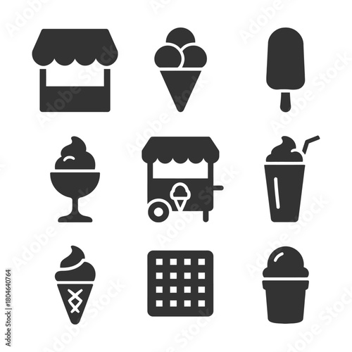 Ice cream icon set featuring cones, bar, cart, and more.