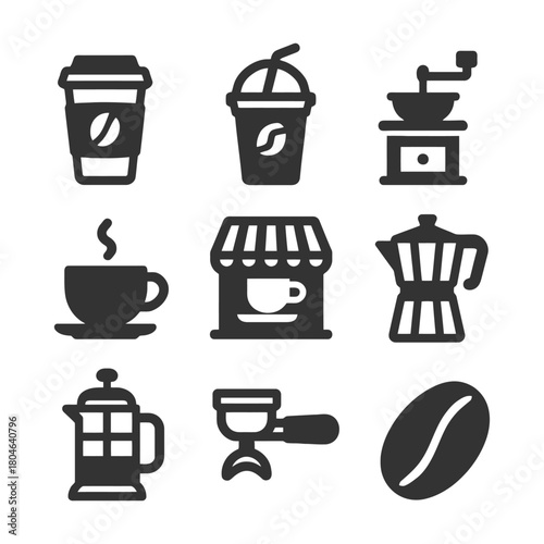 Collection of coffee icons featuring cups, grinder, and espresso tools.