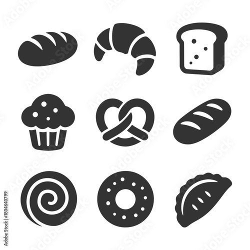 Set of bread and pastry icons featuring croissant, pretzel, and donut.