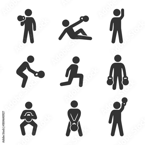 Kettlebell workout icons illustrating various exercise positions.