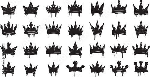 Grunge black crown vector icons set with dripping paint effect isolated on white background.