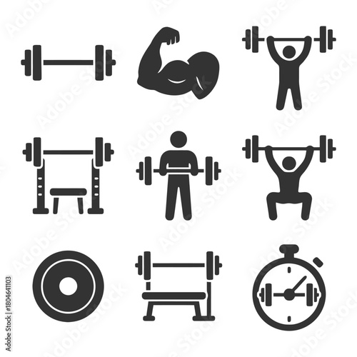 Weightlifting icons set: barbells, dumbbells, stopwatch, bench press, exercises.