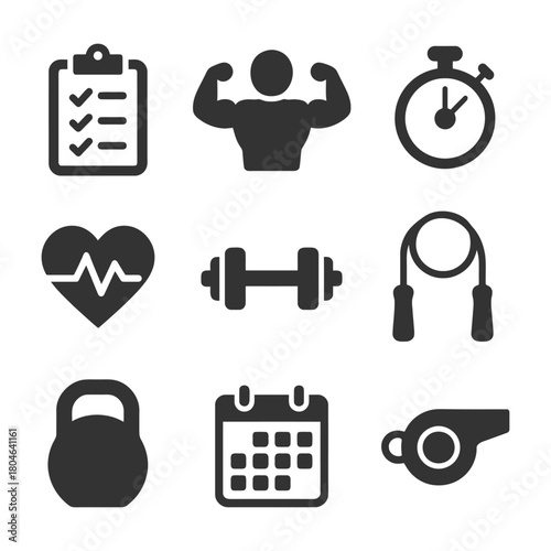 Fitness icons set: workout, exercise, health, and sports equipment symbols.