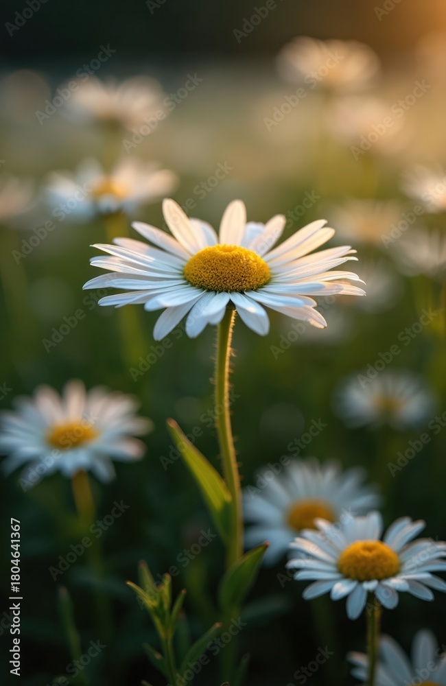Obraz premium White daisy flowers bloom in a green meadow. Close-up view of a daisy with yellow center. Flowers grow in a field on a sunny day. Beautiful flowers in a natural setting.
