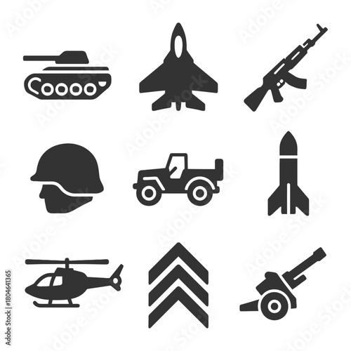 Military icons set: tank, jet, rifle, helmet, jeep, rocket, helicopter, chevron, cannon.