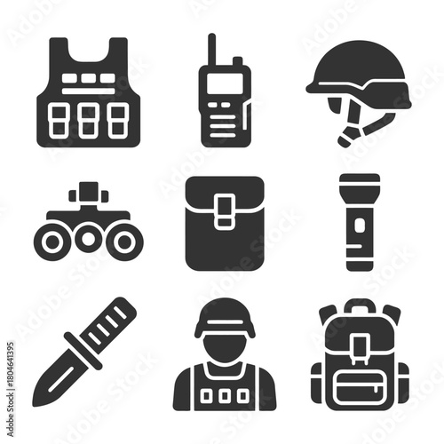 Tactical gear icons set: vest, radio, helmet, night vision, pouch, flashlight, knife, soldier, backpack.