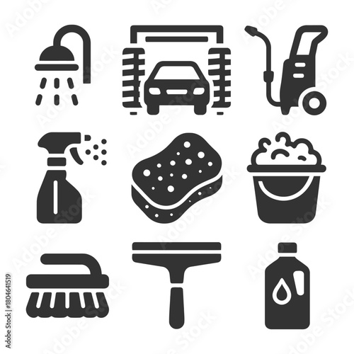 Car wash equipment icons: shower, spray, sponge, bucket, scrub, squeegee, pressure washer.