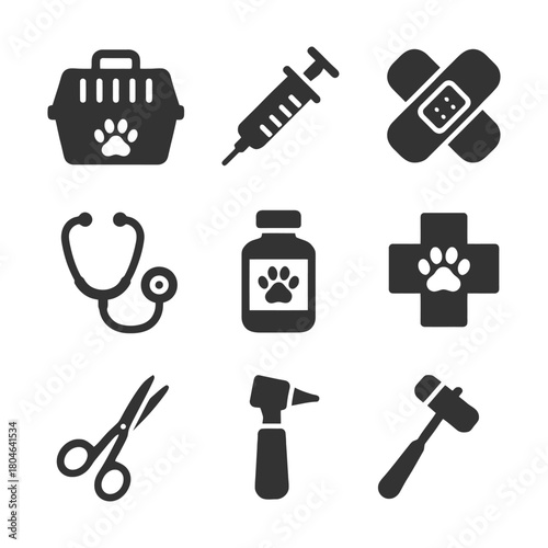 Veterinary tools icons: carrier, syringe, bandage, stethoscope, medicine, cross, scissors, otoscope, hammer.