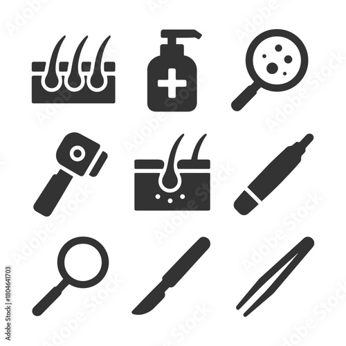 Dermatology icons: hair, skin, medical tools, scalp examination, care.