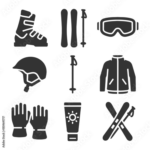 Winter sports gear: ski equipment icons including boots, poles, goggles, and jacket.