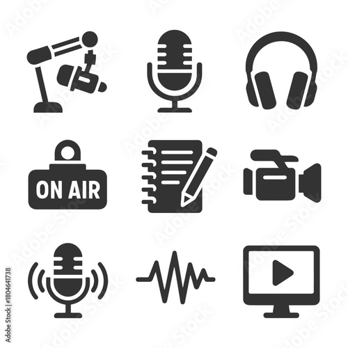 Broadcasting and podcasting equipment icons set for media production.