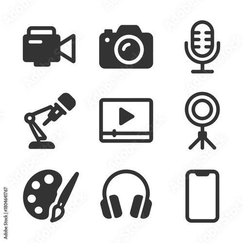 Collection of audio, video, and art equipment icons in black on white.