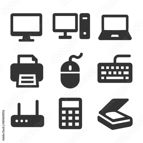Collection of computer and office equipment icons: monitor, printer, mouse, keyboard, scanner.