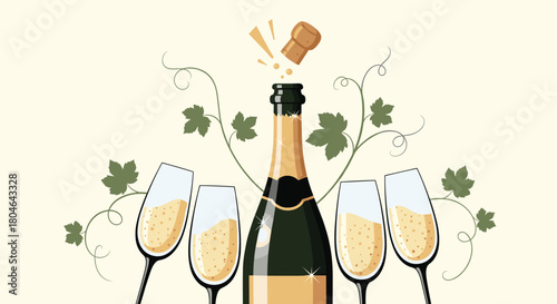 Festive illustration of a champagne bottle with a popping cork and four glasses ready for a toast surrounded by grape vines.