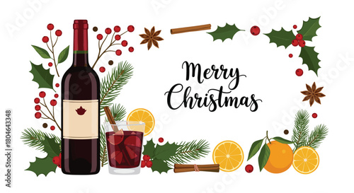 Merry Christmas greeting card design with a bottle of red wine a glass of mulled wine oranges and festive winter spices.