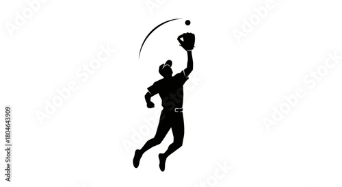Dynamic silhouette of baseball player making a leaping catch, capturing the excitement and skill of the game, perfect for sports themes or athletic designs